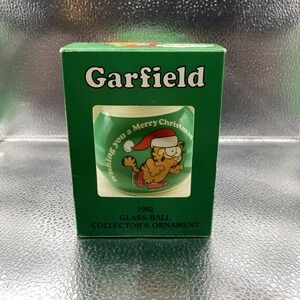 Vintage 1982 Garfield Christmas Ornament 3.25" Glass Ball, Jim Davis w/Box